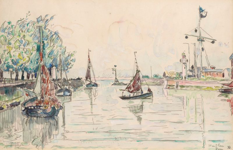 Escena marina de Honfleur por Paul Signac, óleo sobre lienzo, con vibrantes azules y ocres.