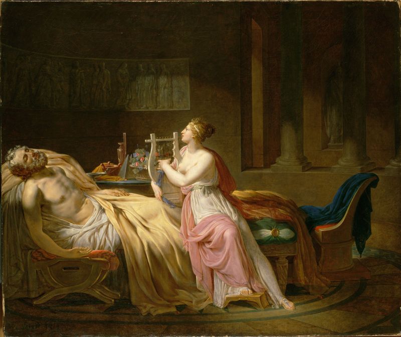 Calliope Mourning Homer, oil on canvas by Jacques-Louis David, features Calliope with a lyre in sorrow.