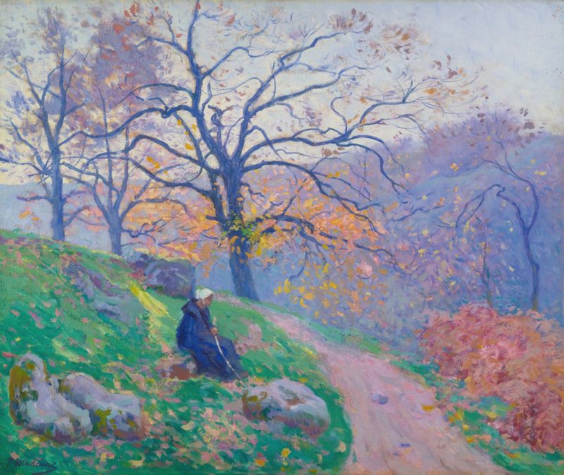 Pintura al óleo de paisaje de Paul Madeline con un camino serpenteante y horizonte.