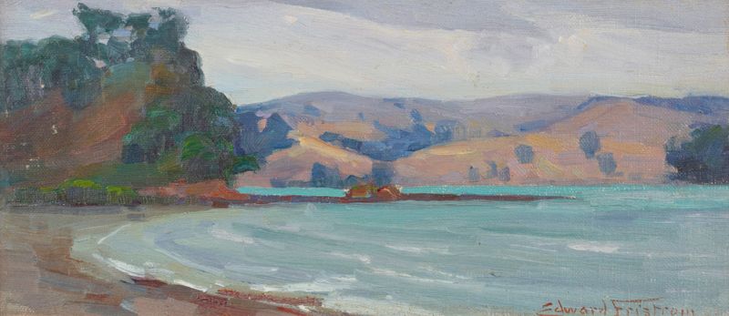 Incoming tide, Mahurangi by Edward Friström, oil on canvas depicting waves and sunlight.