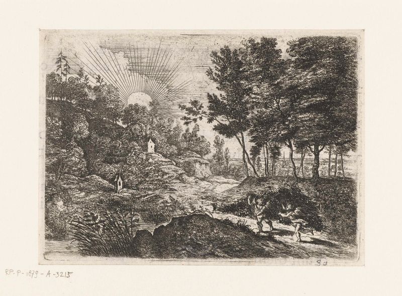 Grabado de Lucas van Uden que muestra querubines en un paisaje exuberante.