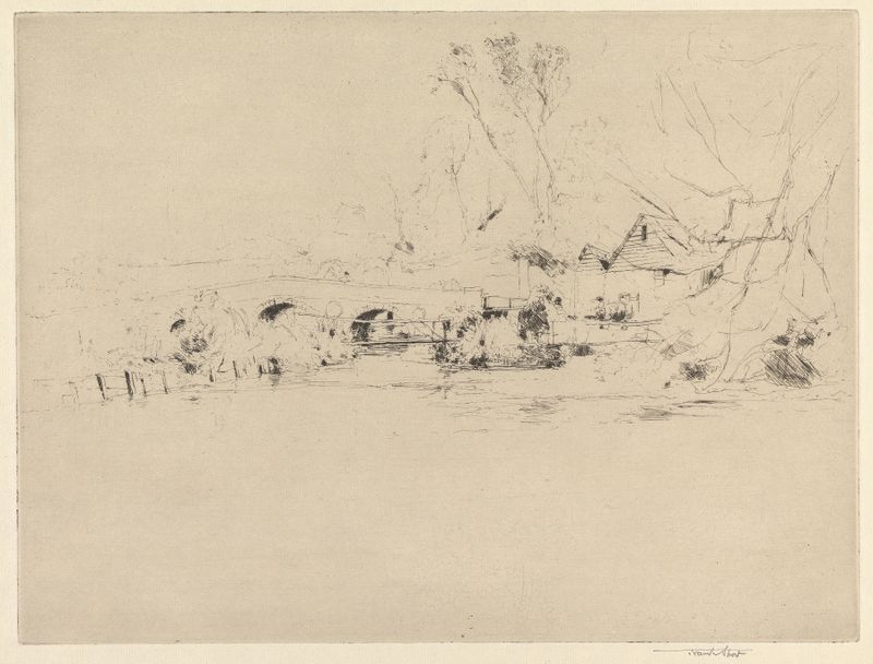 Old Mill on the Wandle, at Mitcham engraving by Sir Frank Short depicting a tranquil river landscape
