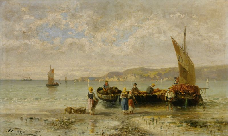 Il Ritorno Dei Pescatori de Achille Dovera, óleo sobre tela mostrando pescadores e barcos na água.