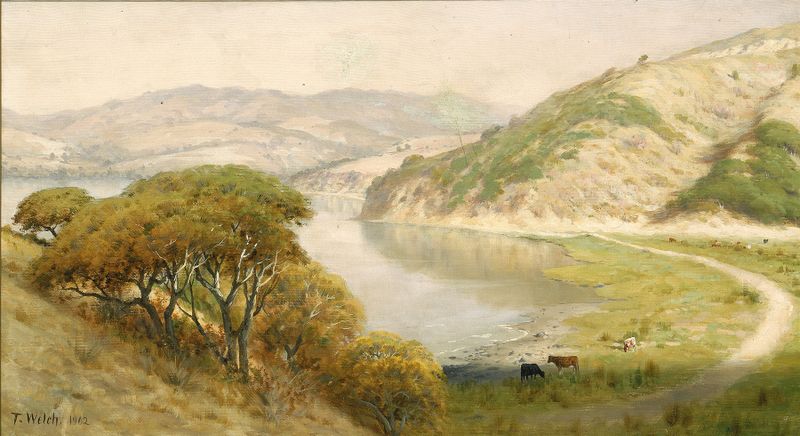 Landscape by Thaddeus Welch, oil on canvas depicting a gentle meadow and trees.