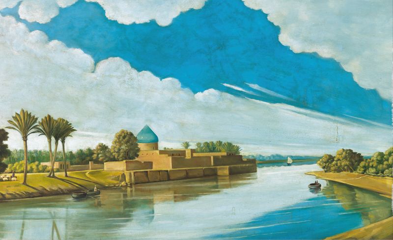 River Scene on the Banks of the Tigris by Abdul Qadir Al-Rassam, oil painting depicting a tranquil river landscape.