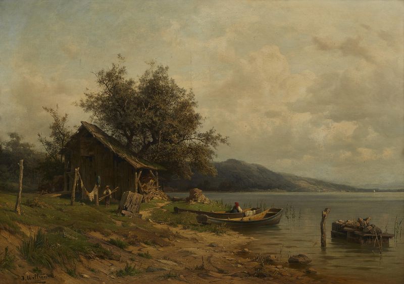 Escena de lago con reflejos, óleo sobre lienzo de Josef Willroider