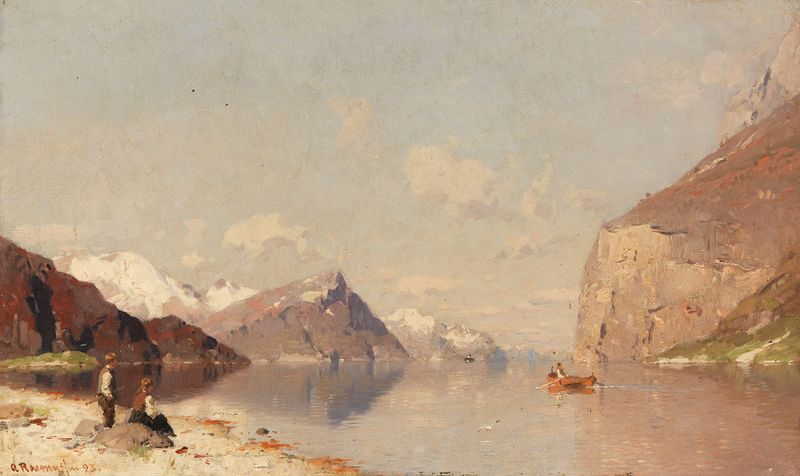 Norwegische Fjordlanschaft, oil painting by Georg Anton Rasmussen depicting a Norwegian landscape with mountains and water.