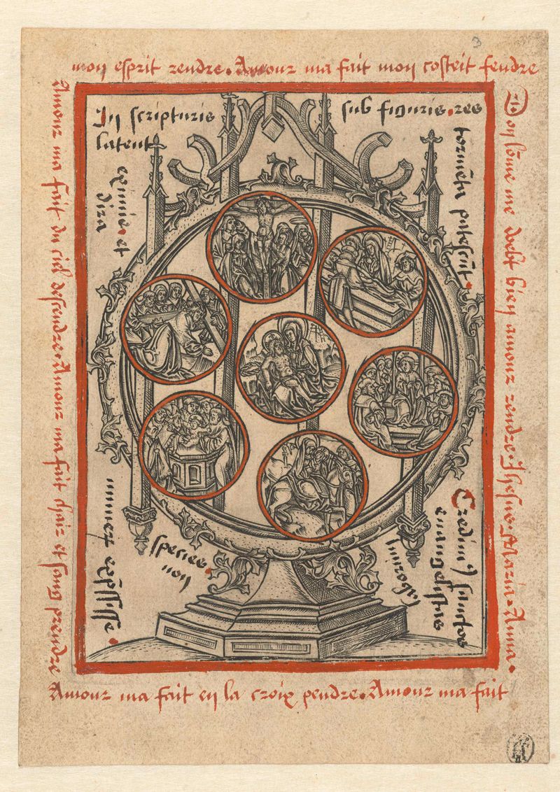 Zeven smarten van Maria engraving by Monogrammist S, featuring Mary with a halo.
