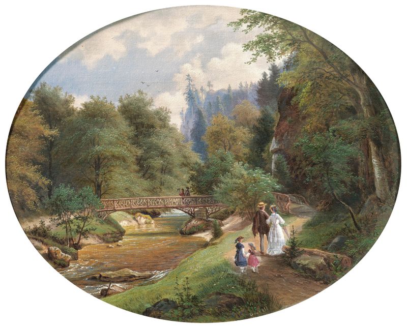Crossing the Marienbrücke by Ernst Gustav Doerell, oil on canvas, depicting a serene landscape with a bridge and river.