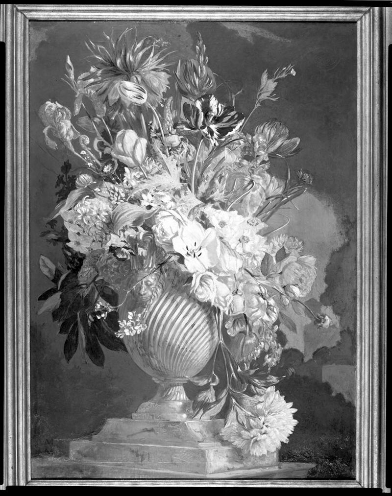 Still Life with Flowers de Martin Mower, óleo sobre lienzo, con un colorido ramo.