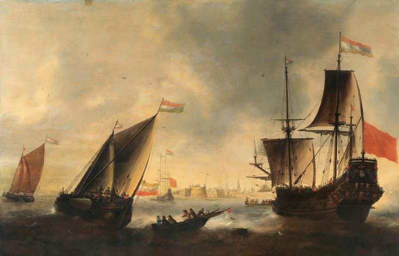 Dutch ships and boats at sea, oil on canvas by Jacob Adriaensz. Bellevois