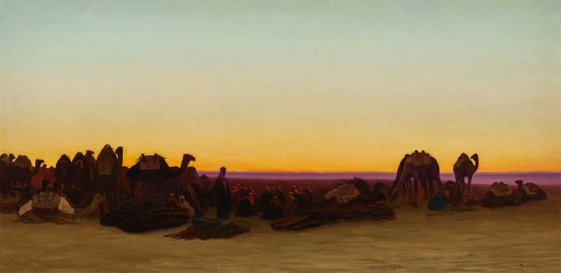 La halte des chameliers de Charles Théodore Frère, óleo sobre tela retratando figuras à luz do sol.