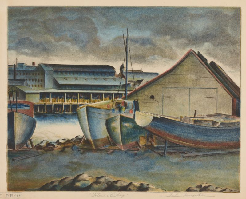 Eaton's Landing de Samuel L. Margolies, óleo sobre lienzo, que representa un paisaje tranquilo con agua y árboles.