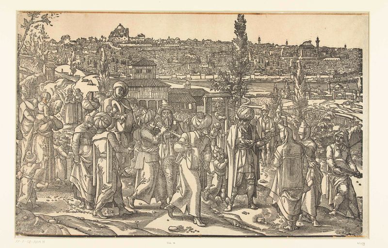 Bruiloftsoptocht by Pieter Coecke van Aelst, paper artwork depicting a colorful procession of figures in elaborate costumes.