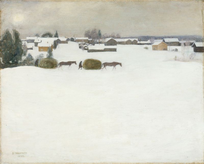 Load of Hay, oil on canvas by Pekka Halonen, depicting a tranquil landscape with a load of hay.