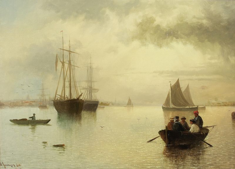 Oil painting by David James depicting a harbor scene with a boat at sunset.