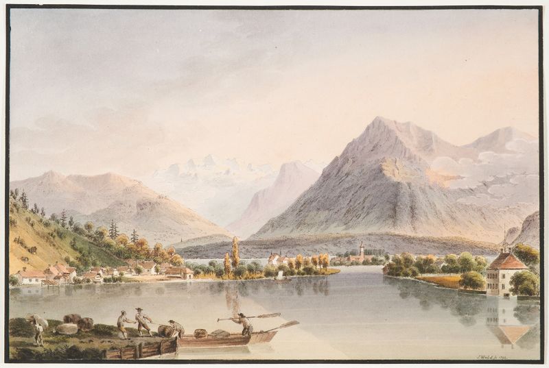 Paisagem óleo de Jakob Samuel Weibel mostrando colinas e um céu ao amanhecer.