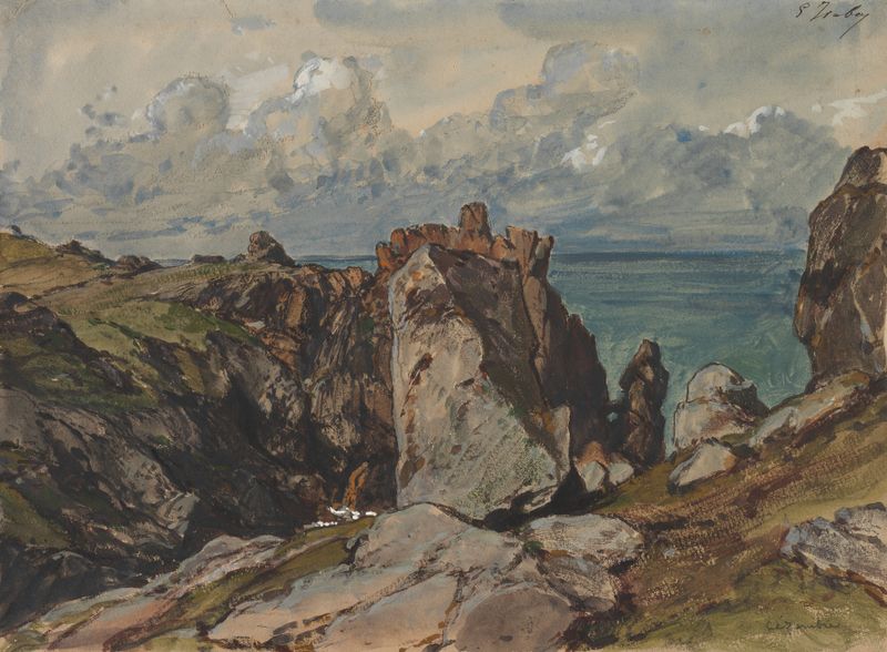 Cliffs by the Sea at Cézembre, Brittany de Eugène Isabey, óleo sobre lienzo que muestra acantilados y mar.