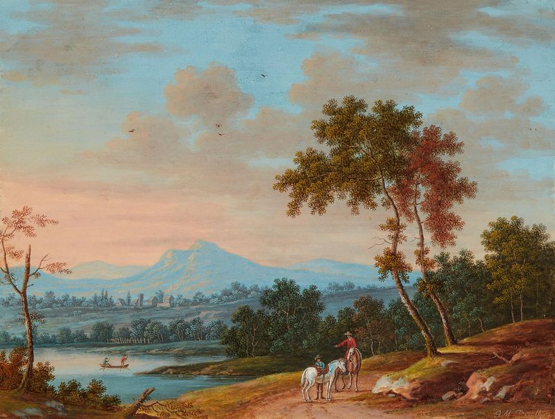 Paisagem com dois cavaleiros e dois remadores de Johann Martin Däubler, meio desconhecido.