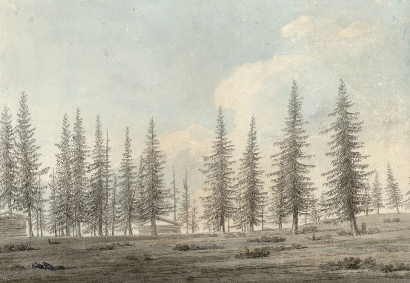 Watercolour by John Robert Cozens depicting a tranquil landscape with mountains and a valley.