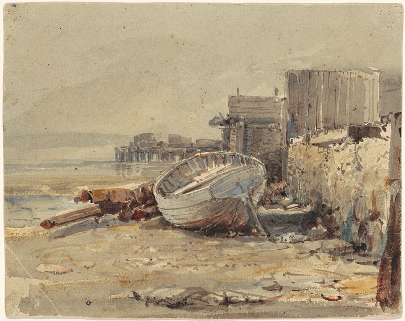 Beached Vessel by George Loring Brown, oil painting of a derelict ship on the shore.
