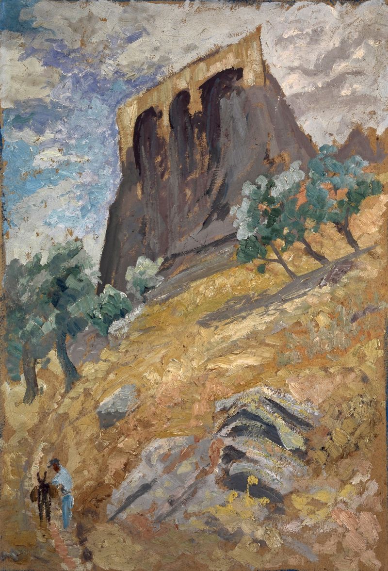 Escena figurativa con dos figuras etéreas en luz y sombra de Ernst Schiess, medio desconocido.