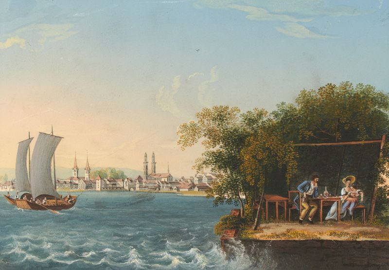 Landscape of Zurich with hills and a dramatic sky by Johann Ludwig Bleuler