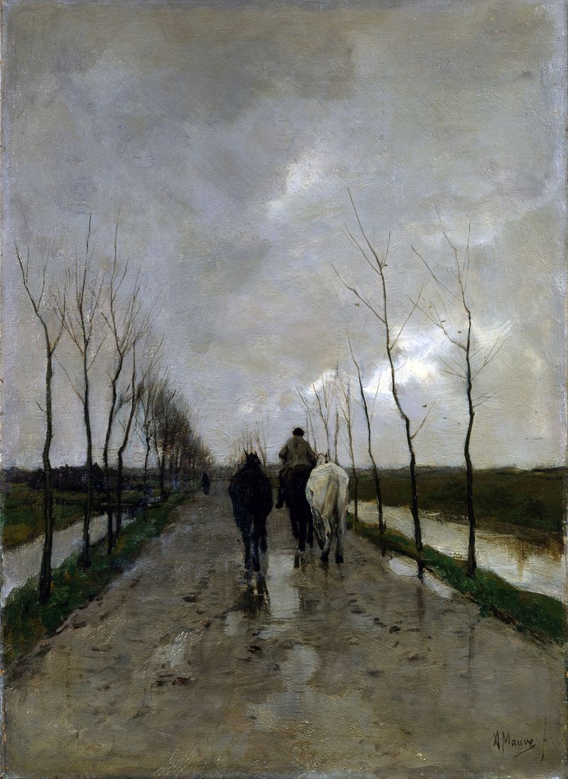 A Dutch Road de Anton Mauve, óleo que muestra un camino serpenteante a través de la naturaleza en tonos tierra.