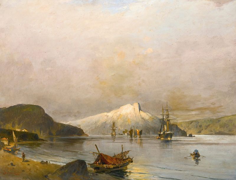 Coastal bay scene by Konstantinos Volanakis, oil on canvas, with gentle waves and a serene horizon.