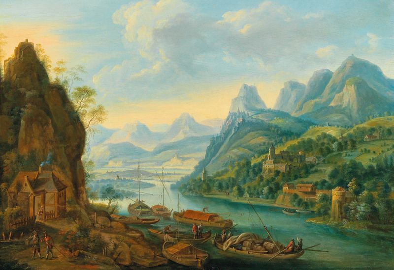 Un paisaje de río con montañas, óleo sobre lienzo de Jan Griffier