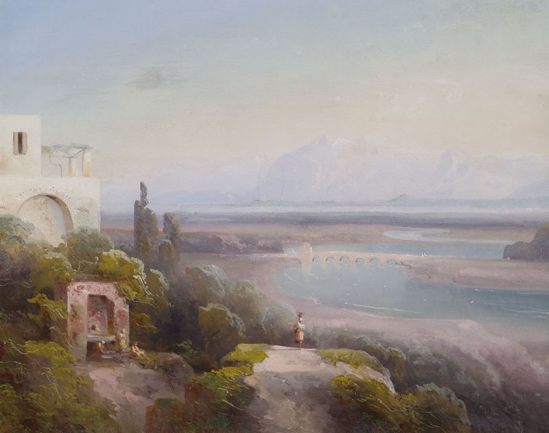 Süditalienische Landschaft de Peter Conrad Schreiber, pintura al óleo que muestra colinas y un cielo degradado.