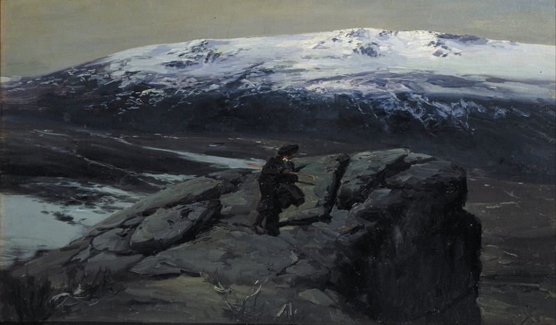 Paisaje de Peñalara de Jaume Morera, pintura al óleo que representa montañas y cielo.