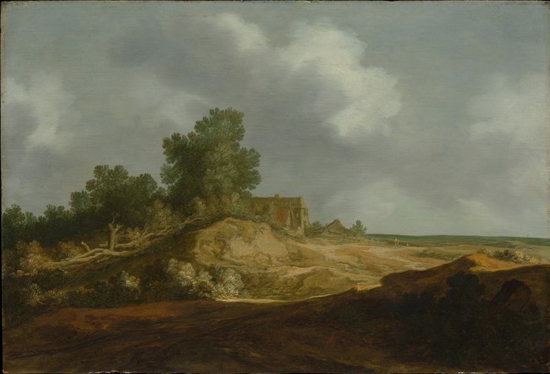 Landscape with a Cottage, oil on panel by Pieter de Molijn, featuring lush greenery and a serene sky.
