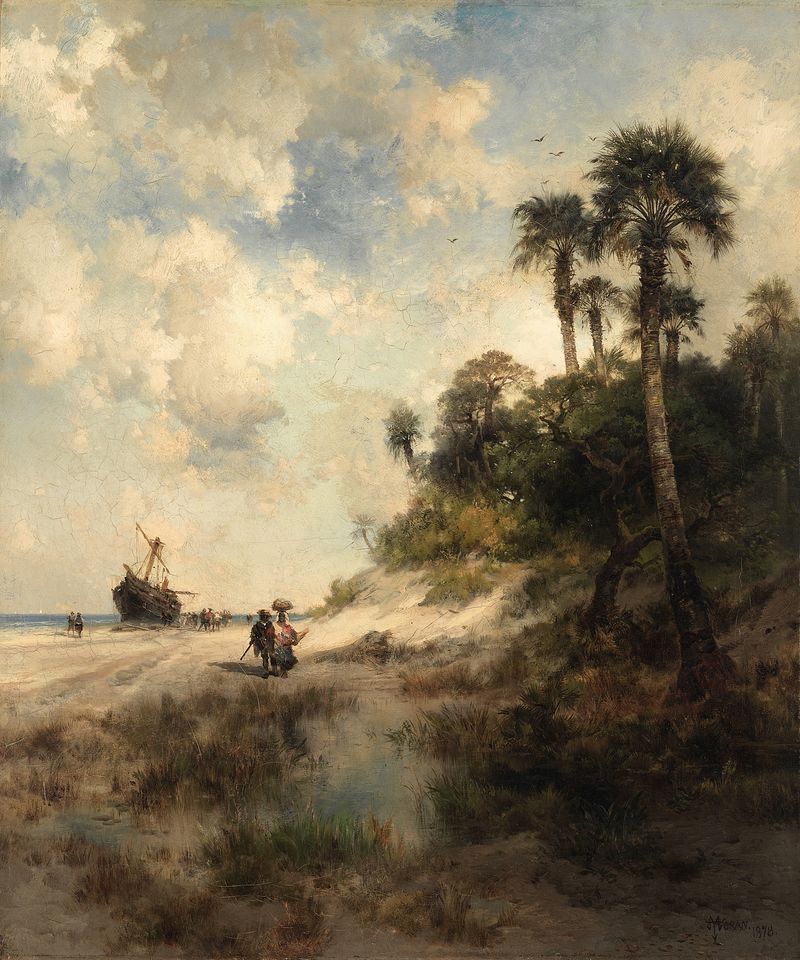 Fort George Island, Florida de Thomas Moran, pintura a óleo que retrata vegetação exuberante e luz do sol filtrando atravé...