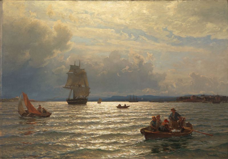 Fjord norueguês ao pôr do sol, óleo sobre tela de Hans Gude