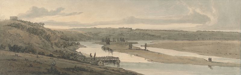 Paisagem com colinas e céu tempestuoso, pintura a óleo de Thomas Girtin, 1802