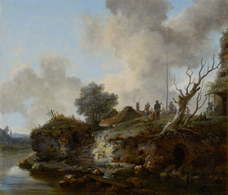 Cena de gênero de camponeses russos jogando papegai perto de um rio, óleo de Jean-Baptiste Nicolas Le Prince.