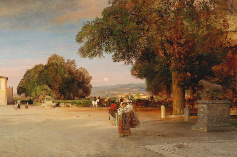 Cena ao crepúsculo na varanda da Villa Grazioli em Grottaferrata, óleo sobre tela de Oswald Achenbach