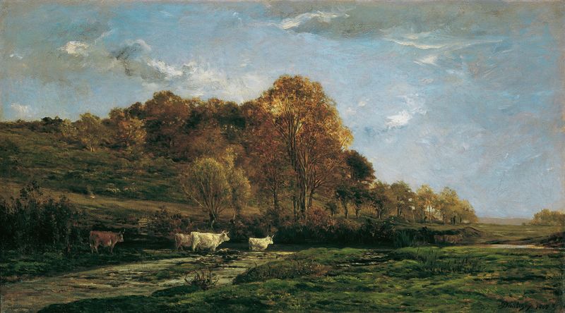 Herbstliche Aulandschaft Abendstimmung by Charles François Daubigny, oil on canvas depicting a tranquil dusk landscape.