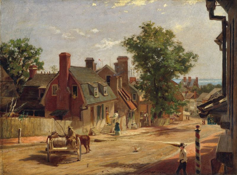 Paisagem com ruas de paralelepípedos e edifícios históricos, óleo de Francis Blackwell Mayer