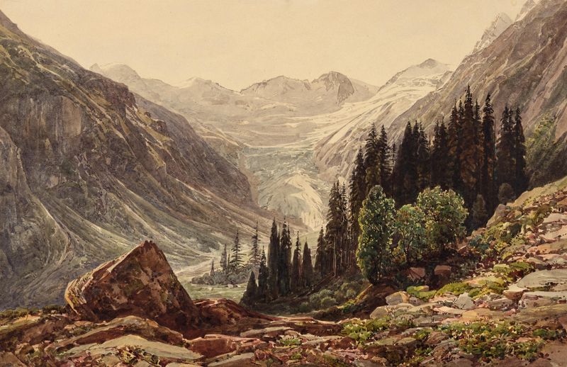 Paisaje de valles y montañas en óleo sobre lienzo de Thomas Ender