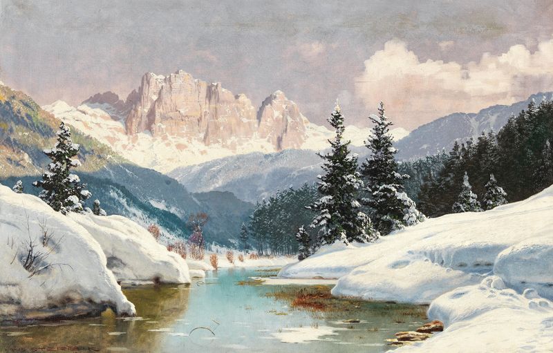 Landscape of winter mountains, 'A Sunny Winter Day' by Toni Haller, unknown medium