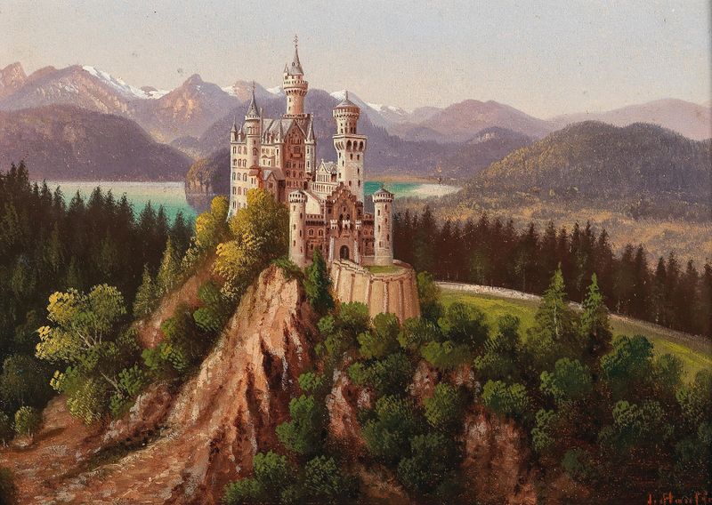 Neuschwanstein castle in a landscape, oil painting by Hubert Sattler