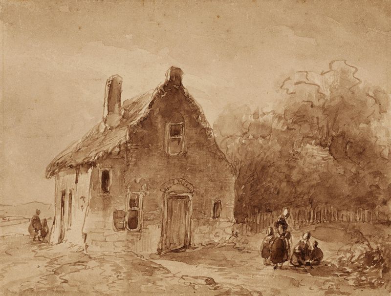 Paisagem com uma casa entre colinas, pintura a óleo de Andreas Schelfhout