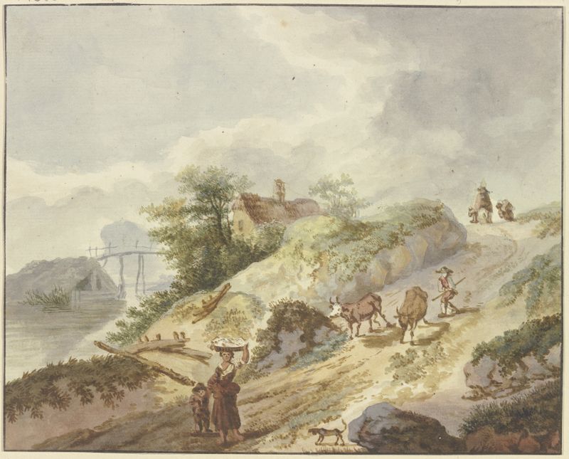 Pintura al óleo de Gottlieb Welté de un granjero guiando vacas por una montaña