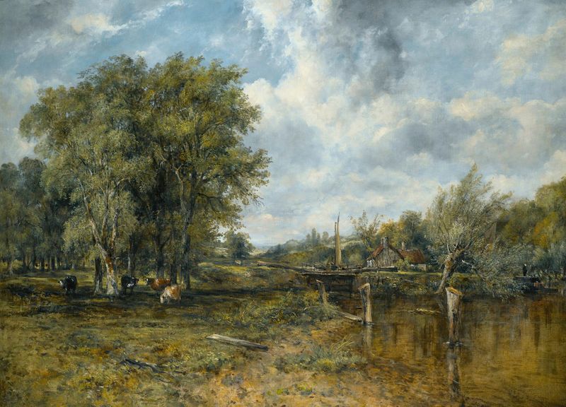 A wooded landscape with cattle and a cottage, oil painting by Frederick Waters Watts