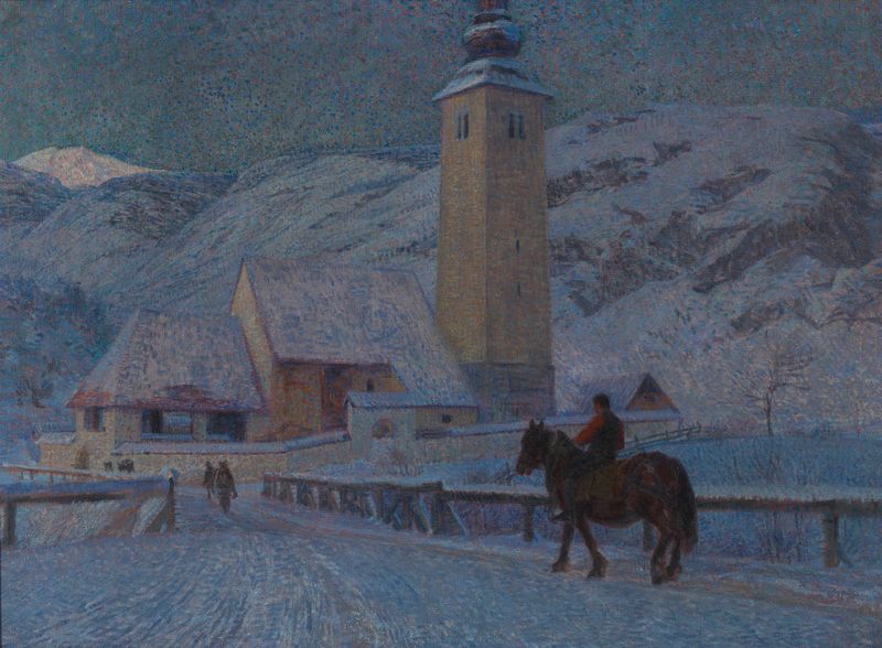 Abendläuten (Gebirgsdorf) de Ernst Stöhr, óleo sobre tela que retrata uma tranquila aldeia de montanha ao pôr do sol.