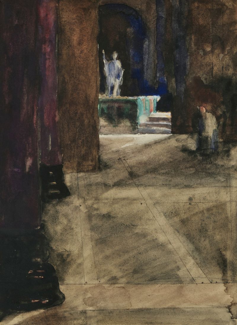 Church Interior by Sir William Eden, oil on canvas, depicting light and shadow in a serene church setting.