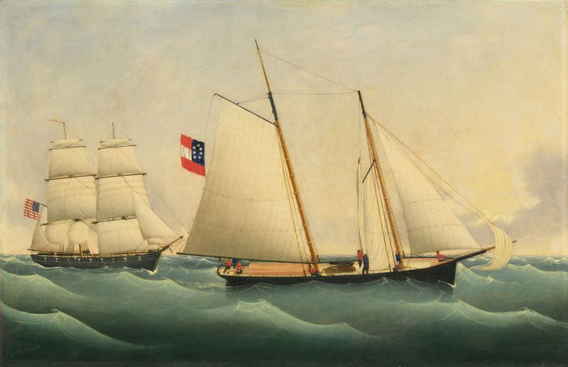 Cena de batalha naval com o U.S.S. Perry, óleo sobre tela de Fritz Müller