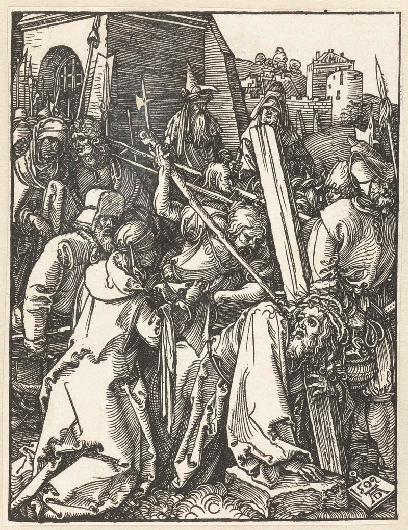 Kruisdraging de Albrecht Dürer, meio papel, retratando uma figura carregando a cruz.